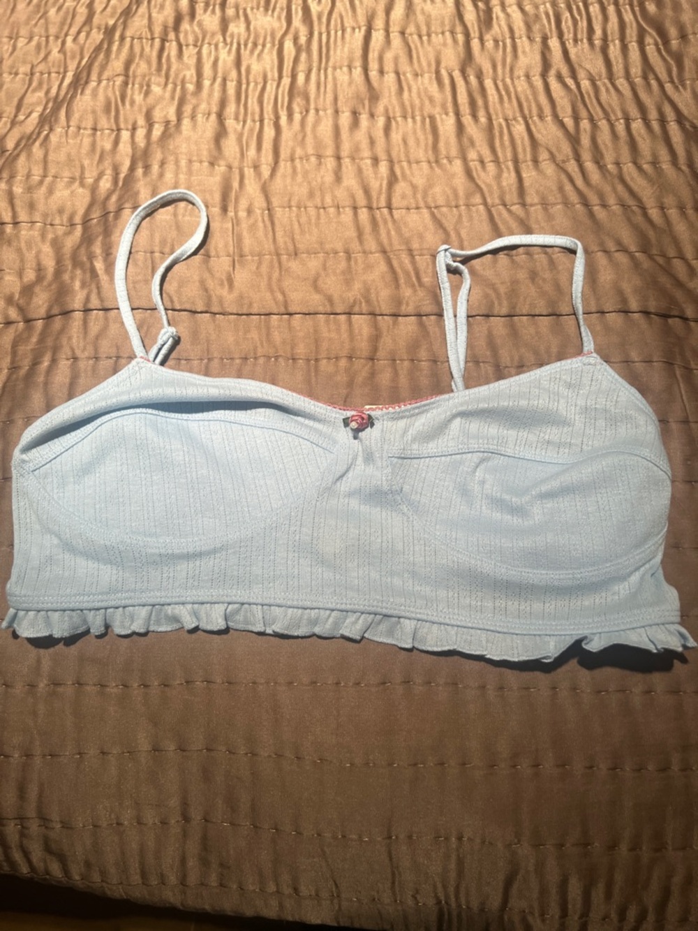 Anthropologie Pale Blue Ribbed Bandeau Bralette with Ruffle Hem